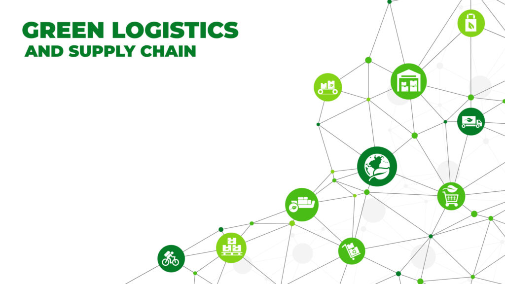 green supply chain vector illustration. Concept with connected icons related to sustainable logistics, environmentally friendly transport of goods, and co2 reduction.